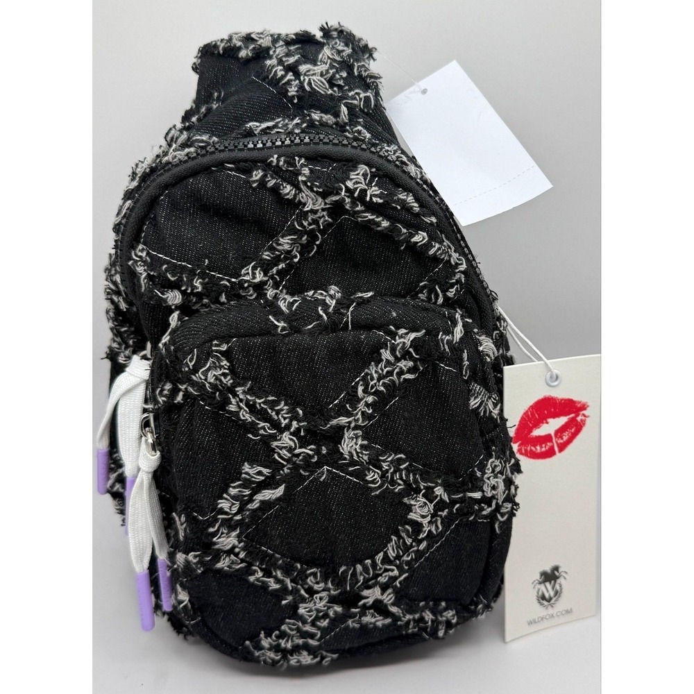 NWT Wildfox Quilted Distressed Denim Sling Bag Fringe Patchwork Mini Backpack - Picture 3 of 3